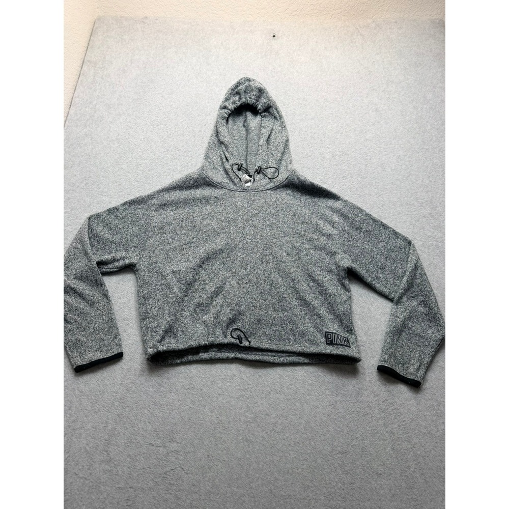 Pink Victoria's Secret Grey Marl Cropped Hoodie Bungee Hem Sweatshirt Large